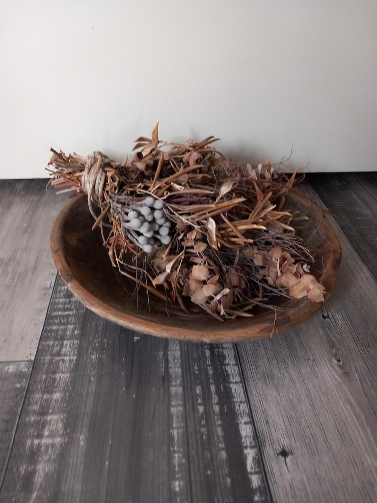 Decoratieve droogbloemen in houten schaal van Hoffz., Ophalen, Zo goed als nieuw