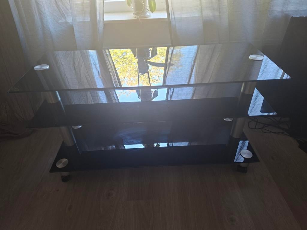 Zwarte glazen tv-kast met 3 lagen, Gebruikt, 100 tot 150 cm, Ophalen of Verzenden, Glas