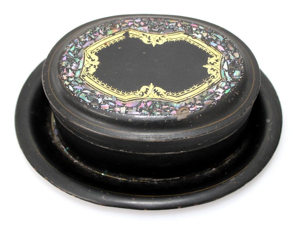 Prachtige Antieke Zwart Emaille Koektrommel Op Schaal, Antiek en Kunst, Curiosa en Brocante, Ophalen of Verzenden