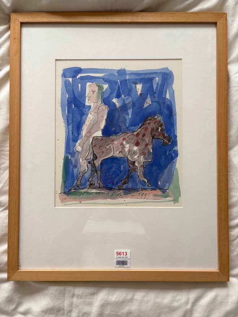 John van het Slot - Man en Paard, 1991 - aquarel, Antiek en Kunst, Ophalen of Verzenden