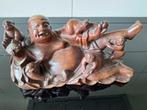 Antiek Chinees houtsnijwerk: Lachende Boeddha met kinderen, Antiek en Kunst, Ophalen of Verzenden