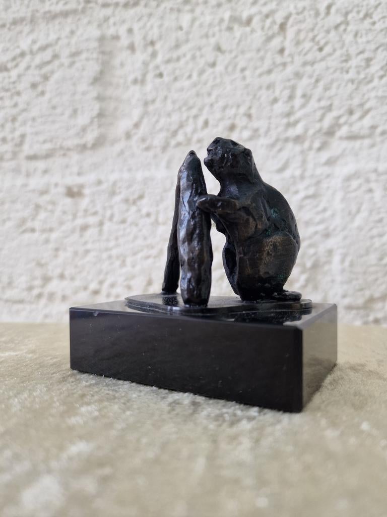 Fraai Bronzen Miniatuur Beeldje – Bever bij Boomstam – Marme, Ophalen of Verzenden