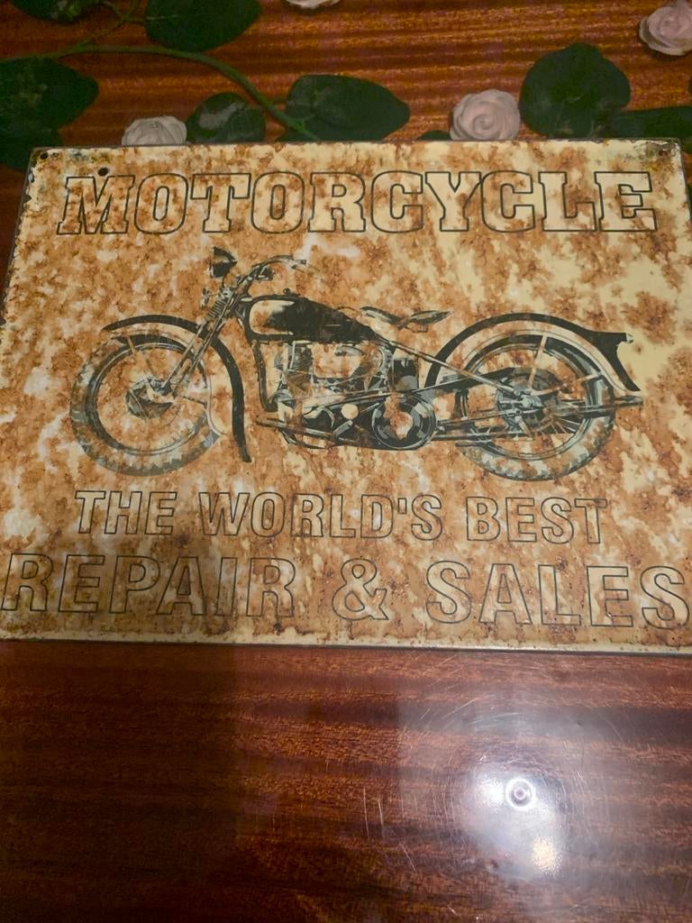 Vintage Motorfiets Reclamebord - Decoratief Metaal, Antiek en Kunst, Ophalen of Verzenden