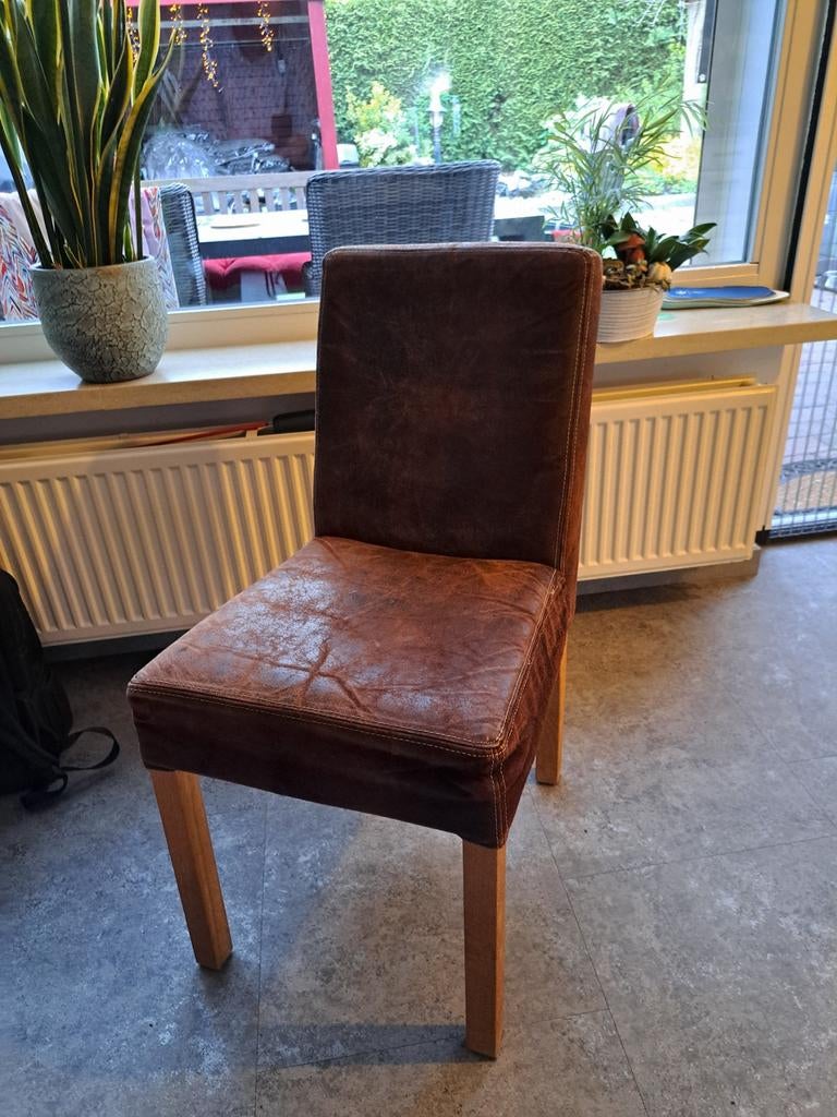 Set van 4 bruine eetkamerstoelen, Huis en Inrichting, Stoelen, Ophalen, Gebruikt, Bruin, Leer