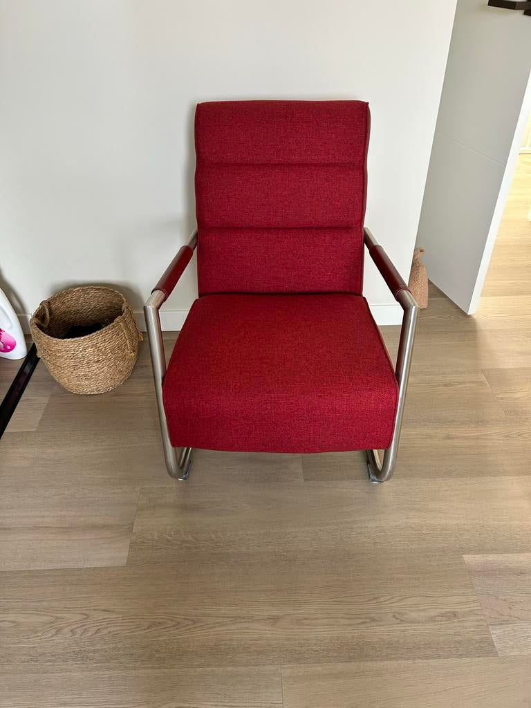 2x XOOON design fauteuils bordeauxrood, stof & leer, Ophalen, Gebruikt, Leer, 75 tot 100 cm