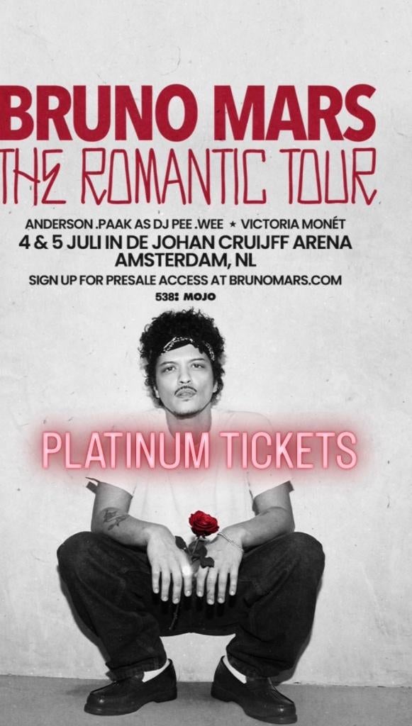 2 Platinum Tickets Bruno Mars 7 Juli, Beste zicht op podium!, Tickets en Kaartjes, Twee personen, Juli