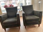 2 Grijze fauteuils met camel bies en kersenhouten poten, Ophalen, Gebruikt, Hout, 50 tot 75 cm