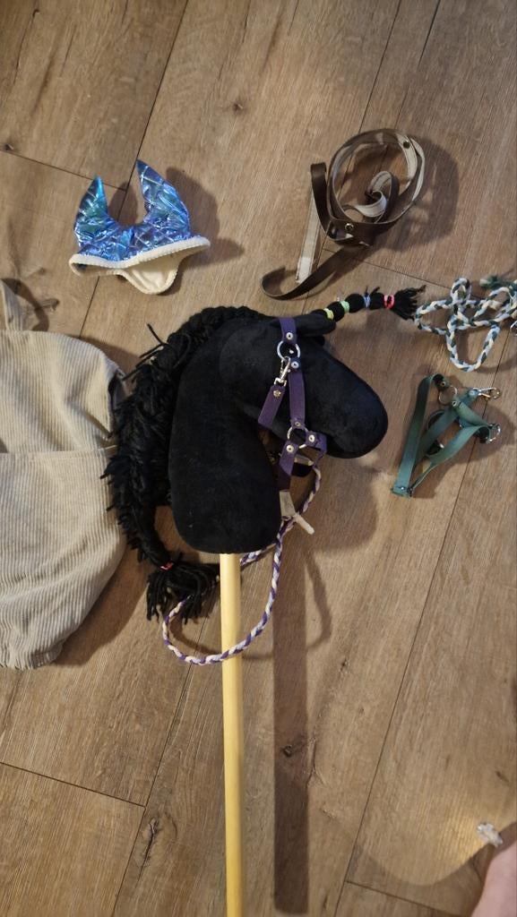 Zwart stokpaard (de dure versie) met accessoires zgan, Ophalen of Verzenden, Zo goed als nieuw, Jongen of Meisje