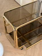 Vintage serveerwagen/trolley/tafel goud messing rookglas, Ophalen, Minder dan 55 cm, Gebruikt, Glas