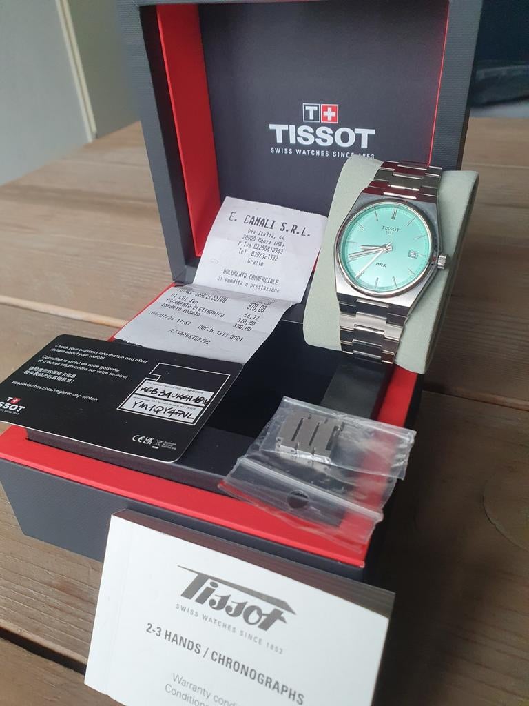 Tissot PRX Tiffany Blue 35mm Quartz - Zo goed als nieuw, Ophalen of Verzenden