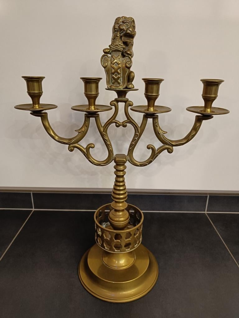 Koper/messing Hollandse kandelaar met leeuw, Antiek en Kunst, Ophalen of Verzenden, Koper of Brons