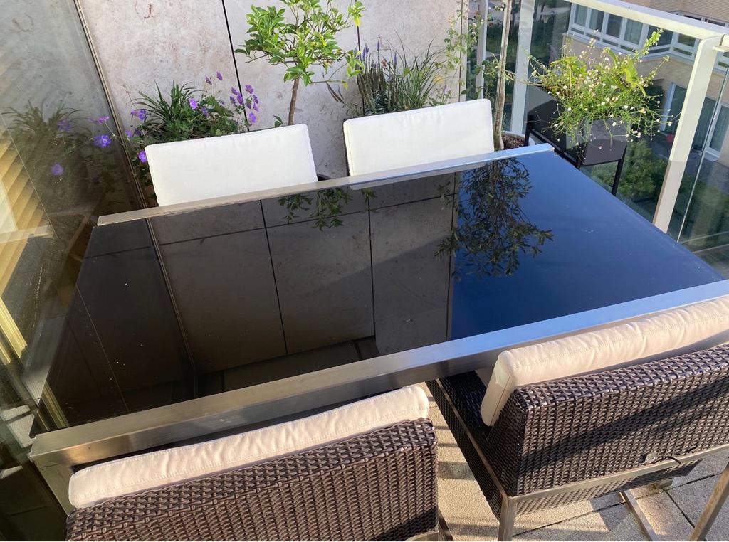 Designer tuinset: Ninix tafel en Valdura stoelen, Tuin en Terras, Tuinsets en Loungesets, 4 zitplaatsen, Eettafel, Rotan, Ophalen of Verzenden