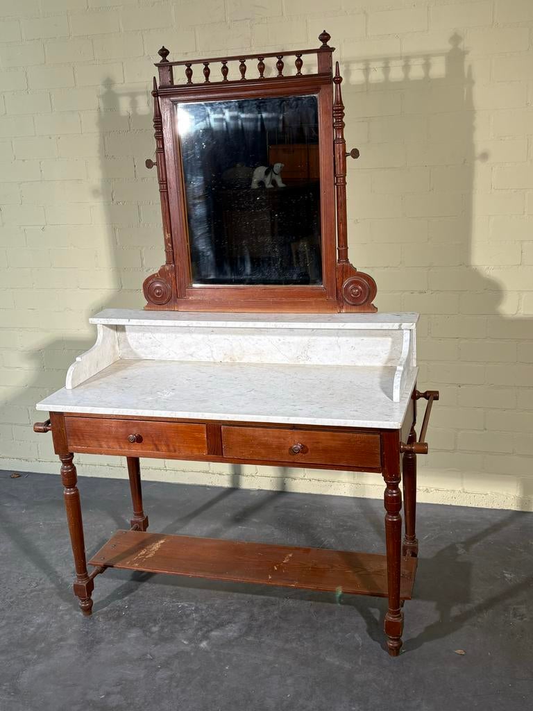 Antieke wastafel met spiegel en marmeren blad, Antiek en Kunst, Ophalen