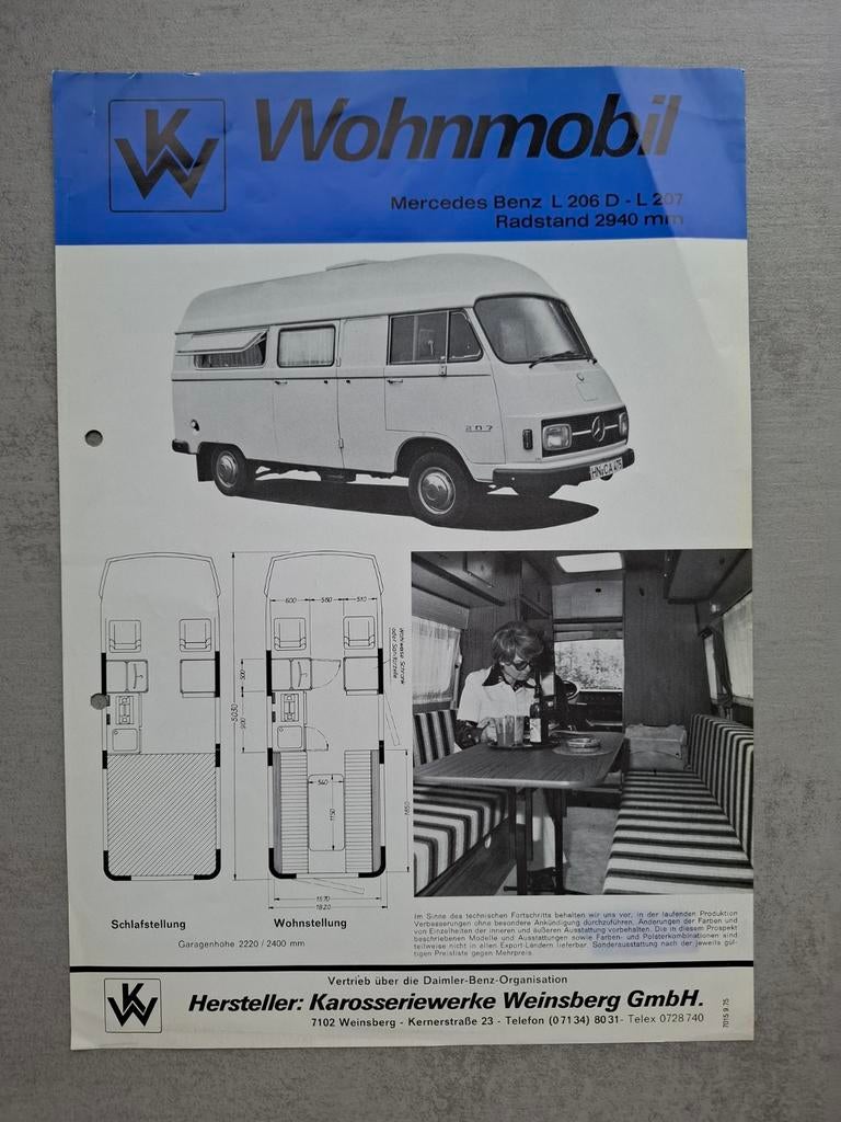 Mercedes-Benz L 206 D Weinsberg Wohnmobil sheet - 1975, Ophalen of Verzenden, Gelezen, Mercedes