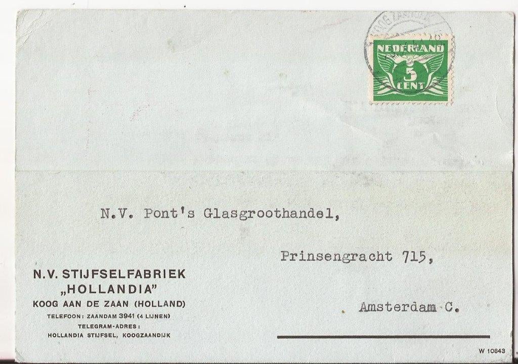 KOOG a d ZAAN 1941 nv Stijfselfabriek HOLLANDIA, Verzamelen, Verzenden, 1940 tot 1960, Gelopen, Noord-Holland