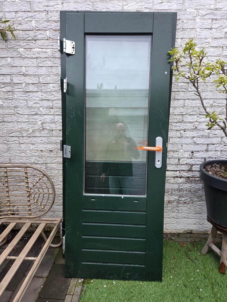 Groene deur met glas, Doe-het-zelf en Verbouw, Deuren en Horren, Ophalen, Glas, Binnendeur, 200 tot 215 cm