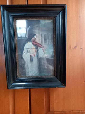 Vintage en oud schilderij van een viool spelende non. beschikbaar voor biedingen