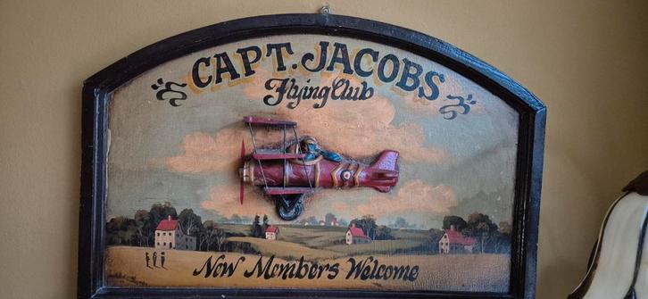 Vintage 'Capt. Jacobs Flying Club' Decoratie van hout, Antiek en Kunst, Kunst | Schilderijen | Klassiek, Ophalen of Verzenden