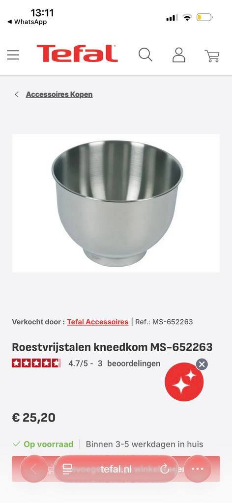Tefal Roestvrijstalen Kneedkom/mengkom MS-652263 NIEUW, Ophalen, Nieuw