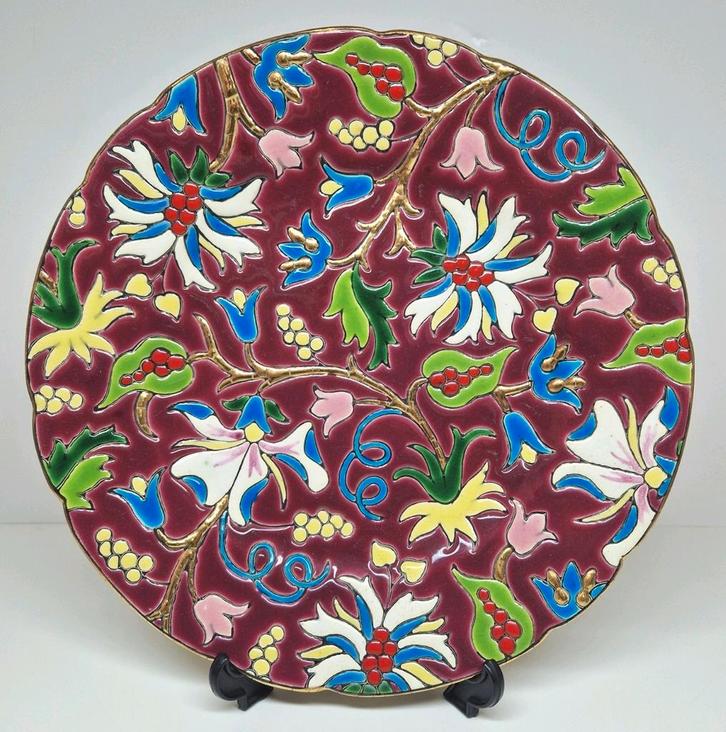 Emaux de Longwy Art Deco stijl sierbord floraal decor 652., Antiek en Kunst, Antiek | Keramiek en Aardewerk, Ophalen of Verzenden