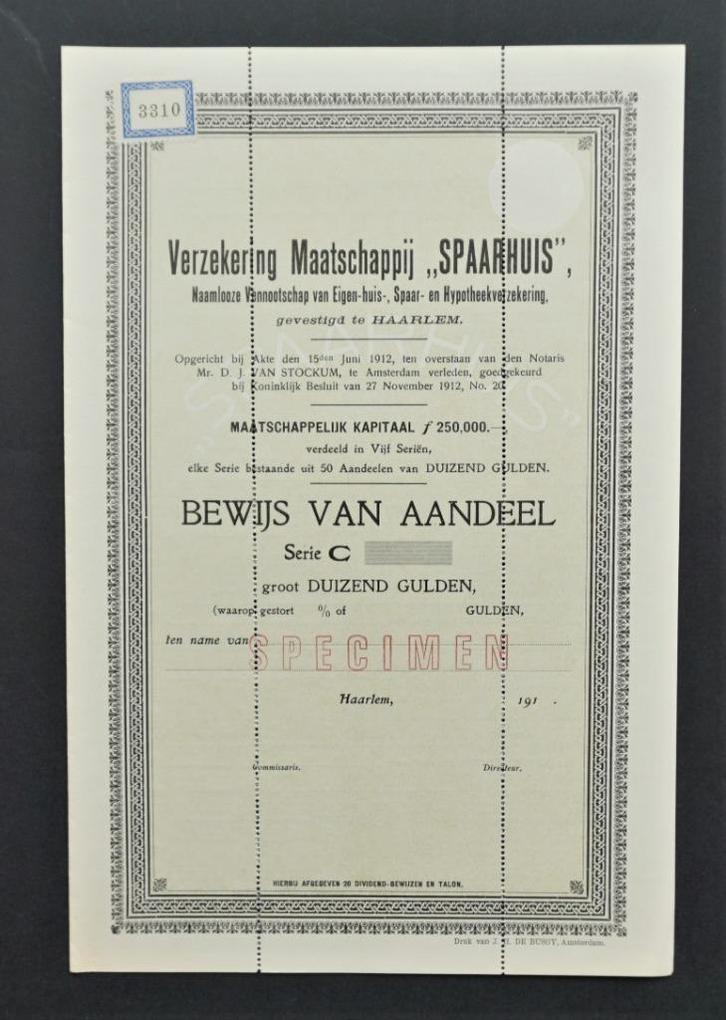 Verzekering Maatschappij "Spaarhuis" - Haarlem 1912, Postzegels en Munten, Aandelen en Waardepapieren, Aandeel, Voor 1920, Verzenden