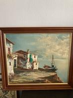 Mediterraan Schilderij Kustdorp Vissersboot, Antiek en Kunst, Ophalen of Verzenden