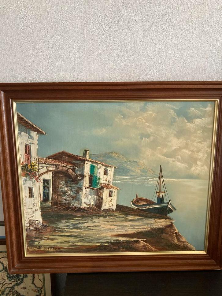 Mediterraan Schilderij Kustdorp Vissersboot, Antiek en Kunst, Kunst | Schilderijen | Klassiek, Ophalen of Verzenden