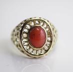 14 krt opengewerkte ring met bloedkoraal - grote maat, Sieraden, Tassen en Uiterlijk, Antieke sieraden, Ophalen of Verzenden, Goud