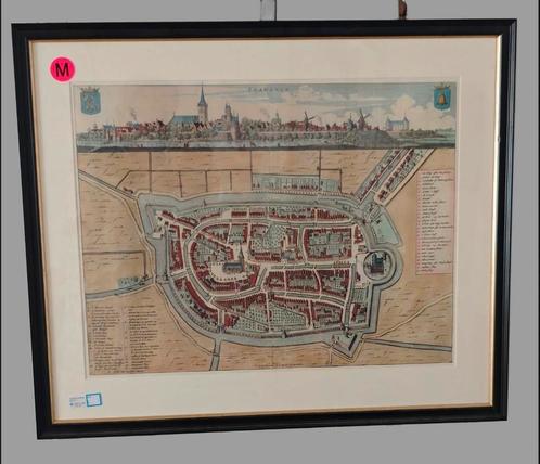Een ingelijste, handgekleurde historische kaart van Franeker, Antiek en Kunst, Kunst | Etsen en Gravures, Ophalen