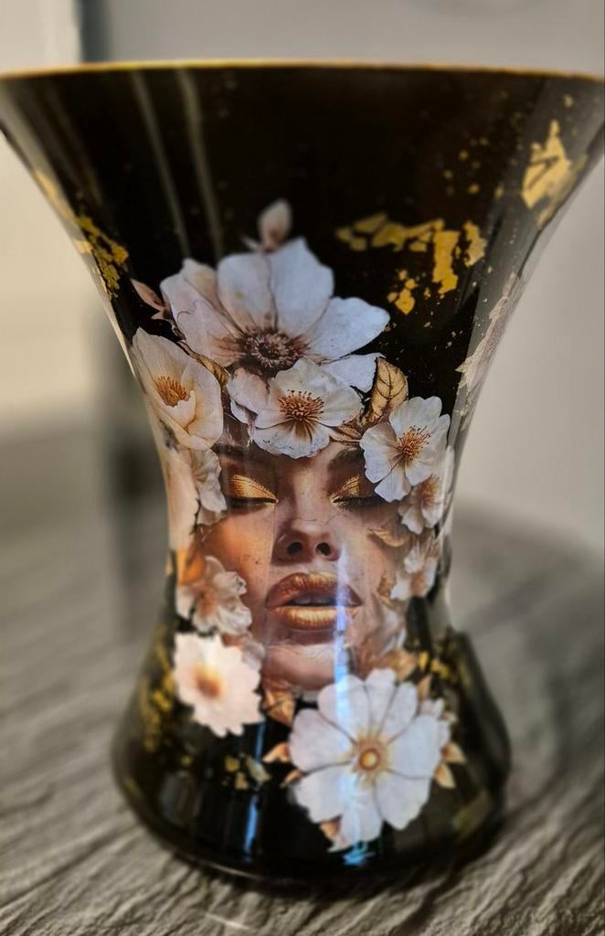 Hoge zware decoupage vaas met vrouwen, Antiek en Kunst, Ophalen of Verzenden