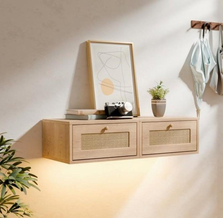 NIEUW 2 Houten Zwevende Nachtkastjes Rotan, Huis en Inrichting, Slaapkamer | Nachtkastjes, Nieuw, Minder dan 55 cm, Minder dan 45 cm