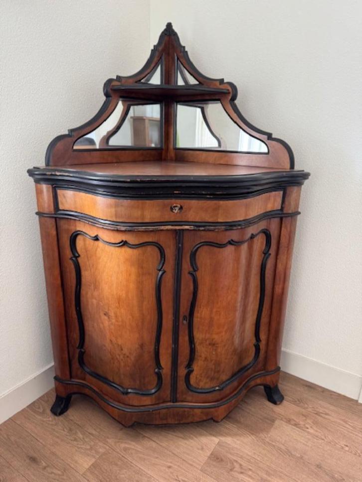 antieke mahonie hoekkast met spiegelopstand, Antiek en Kunst, Antiek | Meubels | Kasten, Ophalen