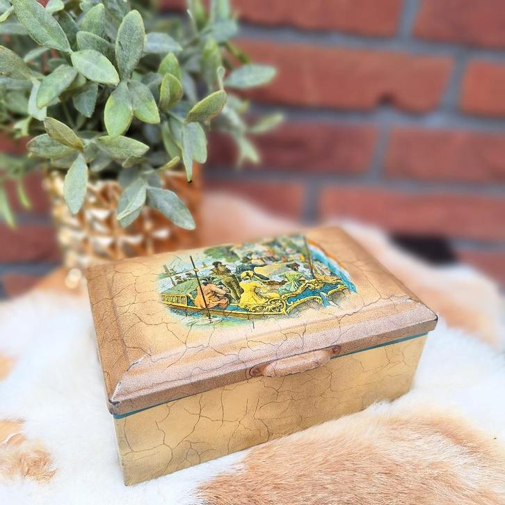 Vintage blik "Douwe Egberts', goudgeel craquelé, Jaren '30, Verzamelen, Blikken, Gebruikt, Koffie, Douwe Egberts, Ophalen of Verzenden