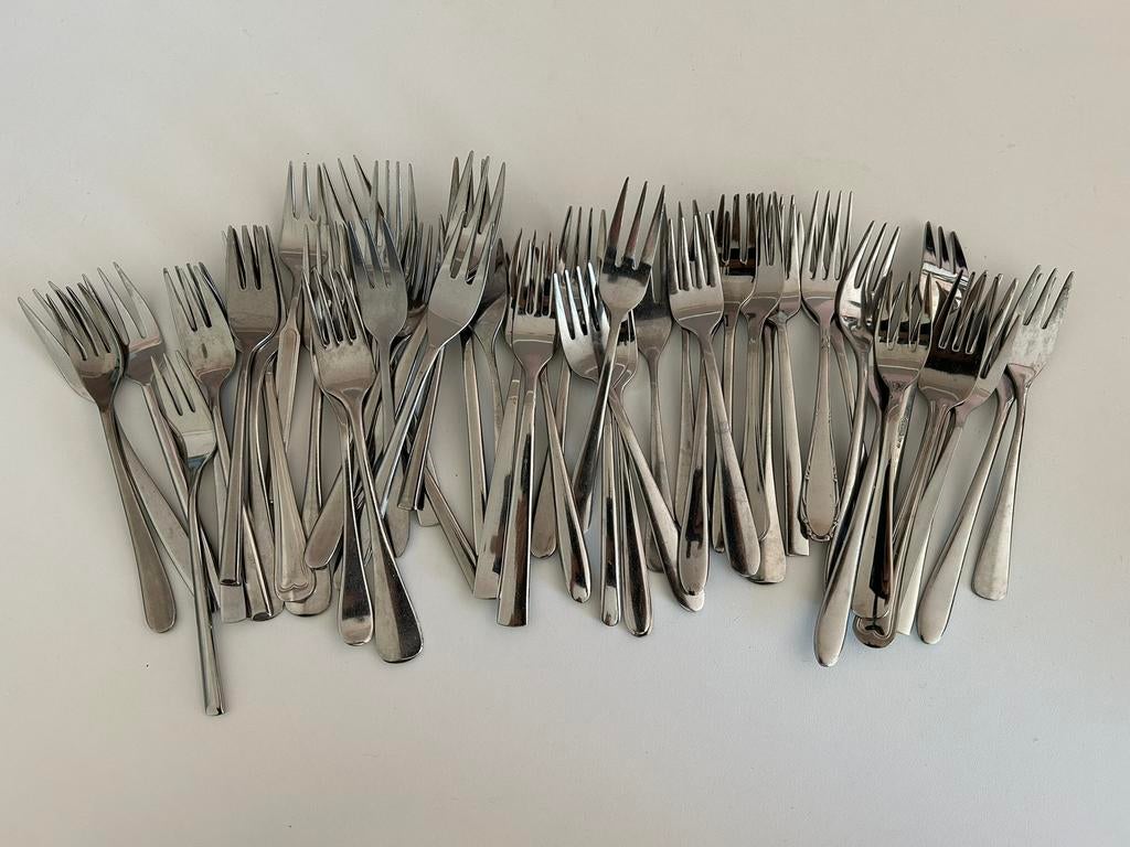 Partij cocktailvorken ongesorteerd 50 stuks, Ophalen of Verzenden, Gebruikt, Rvs of Chroom