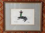 Man met paard mooie oude ingelijste Oosterse aquarel 27 cm.