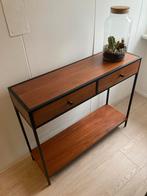 Acacia side table met 2 lades en legplank en zwarte accenten, Huis en Inrichting, Tafels | Sidetables, Ophalen, 100 tot 150 cm