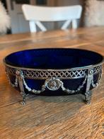 Antiek Jardiniere zilver met kobalt blauw glas, Antiek en Kunst, Antiek | Goud en Zilver, Ophalen, Zilver