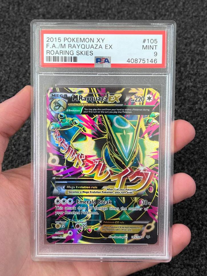 Pokémon PSA 9 M Rayquaza EX #105 Roaring Skies, Hobby en Vrije tijd, Verzamelkaartspellen | Pokémon, Zo goed als nieuw, Losse kaart