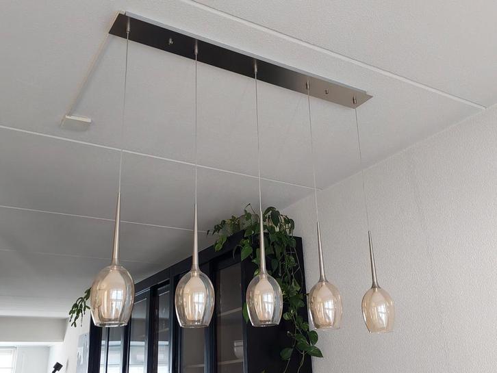 Hele mooie lamp. 5 dubbele kelken met rvs., Huis en Inrichting, Lampen | Hanglampen, Zo goed als nieuw, Minder dan 50 cm, Glas