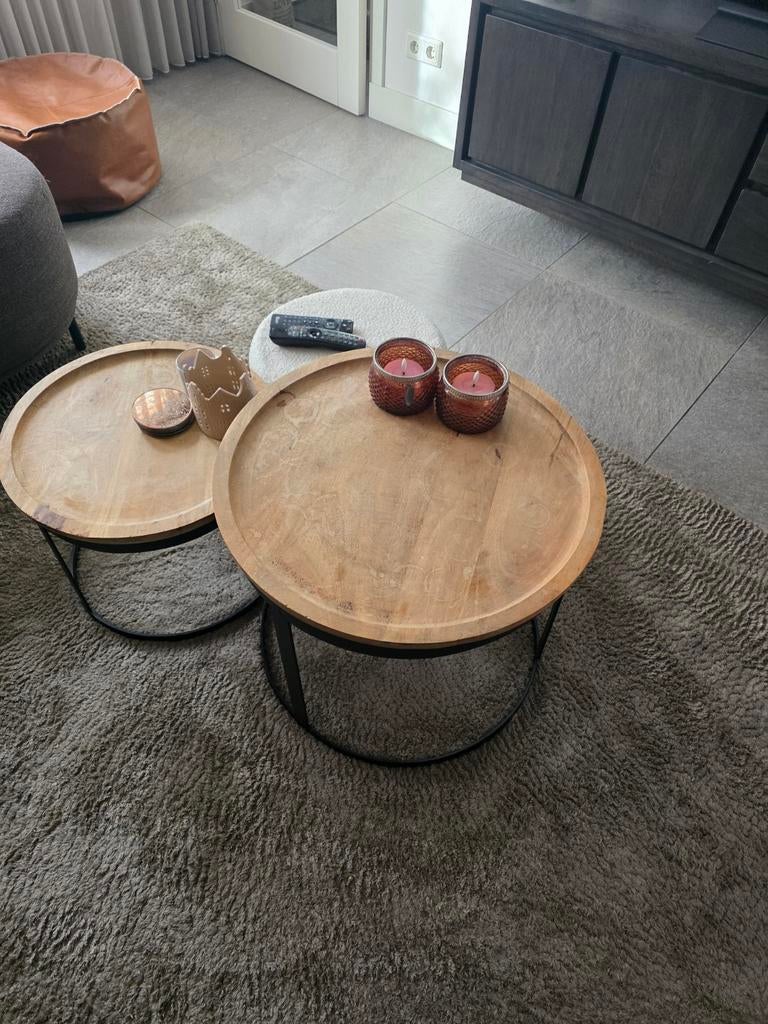 Set van 2 Mango Houten Salontafels, Gebruikt, 50 tot 100 cm, Rond, Minder dan 50 cm