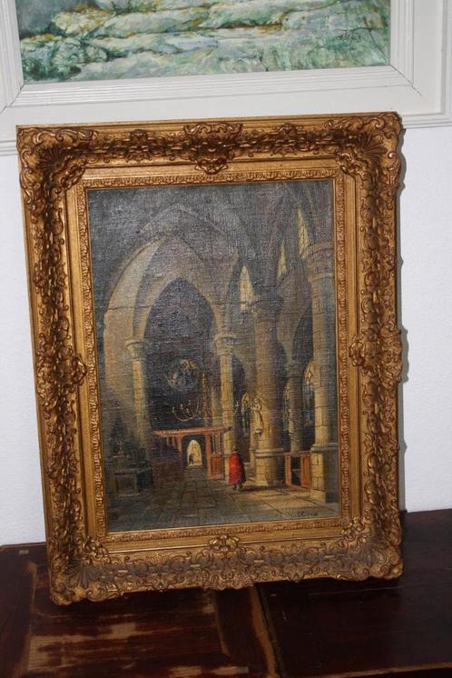 kerkinterieur olieverf schilderij, Antiek en Kunst, Kunst | Schilderijen | Klassiek, Ophalen of Verzenden