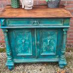 Antiek Spaans kastje houtsnijwerk India Ibiza stijl blauw, Ophalen