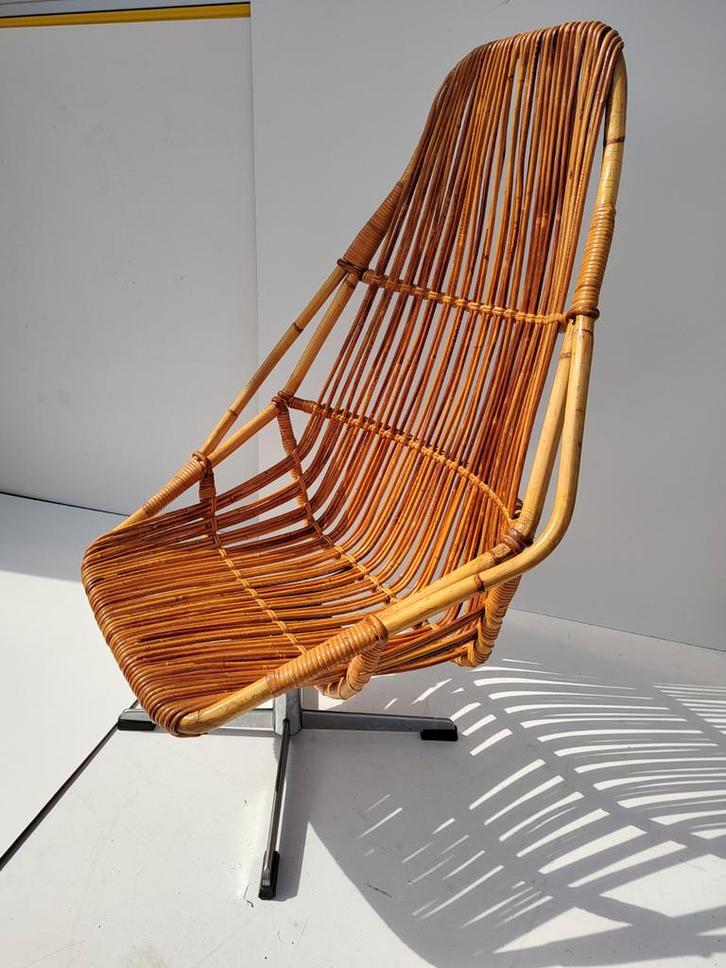 Fauteuil, vintage jaren 70, Huis en Inrichting, Fauteuils, Gebruikt, Metaal, Riet of Rotan, 50 tot 75 cm, 75 tot 100 cm, Ophalen
