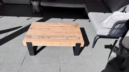 Eiken salontafel met zwarte stalen poten, Huis en Inrichting, Tafels | Salontafels, Gebruikt, Minder dan 50 cm, 50 tot 100 cm