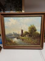 Hollandse School Schilderij F. de Jong - Molenlandschap, Antiek en Kunst, Ophalen
