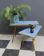 50 jaren etagère blauw formica & vlekken draai bijzet tafel, Ophalen of Verzenden, Gebruikt