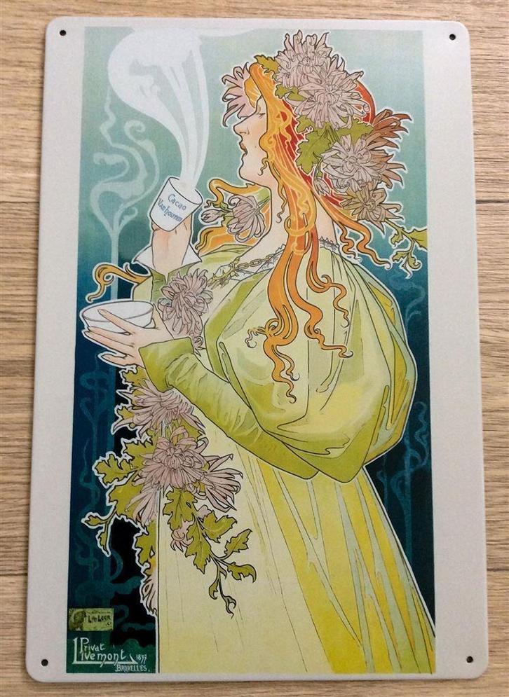 Cacao van HOUTEN Metalen Reclamebord stijl Mucha, Antiek en Kunst, Kunst | Tekeningen en Foto's, Verzenden