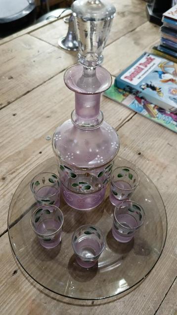 Oud glazen snaps-setje (1950’s, handbeschilderd, compleet) beschikbaar voor biedingen