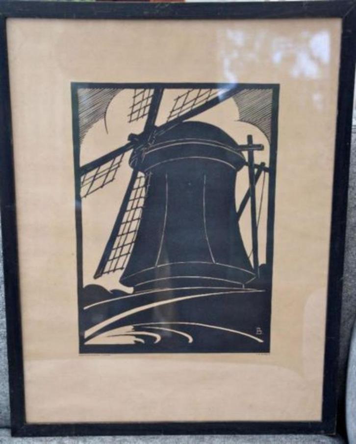 Piet Bulthuis houtsnede molen -  P. Scheen, Antiek en Kunst, Kunst | Etsen en Gravures, Ophalen of Verzenden