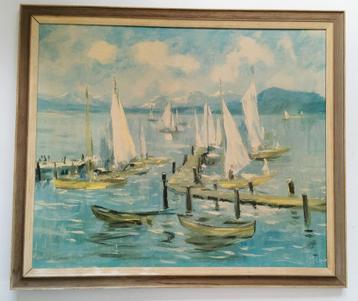 Retro vintage schilderij met boten Mid Century Italy ?  beschikbaar voor biedingen
